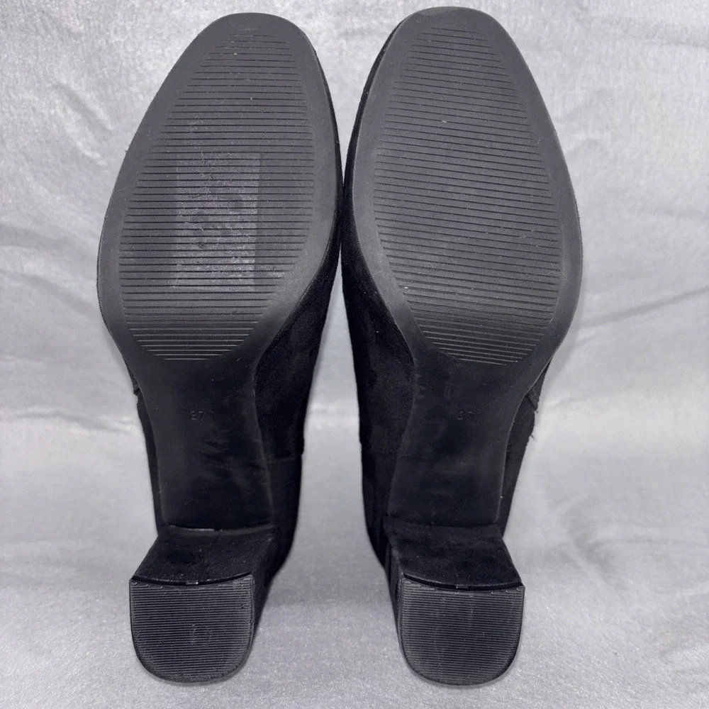 H&M Black Suede Platform High Heel Ankle‎ Boots Womens 6 Gold Tone Side Zip EUC